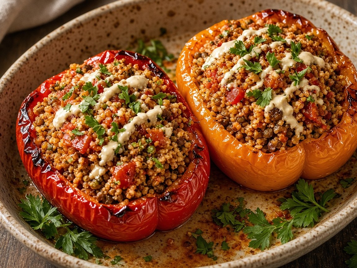 Gevulde paprika met bulgur, linzen en harissa