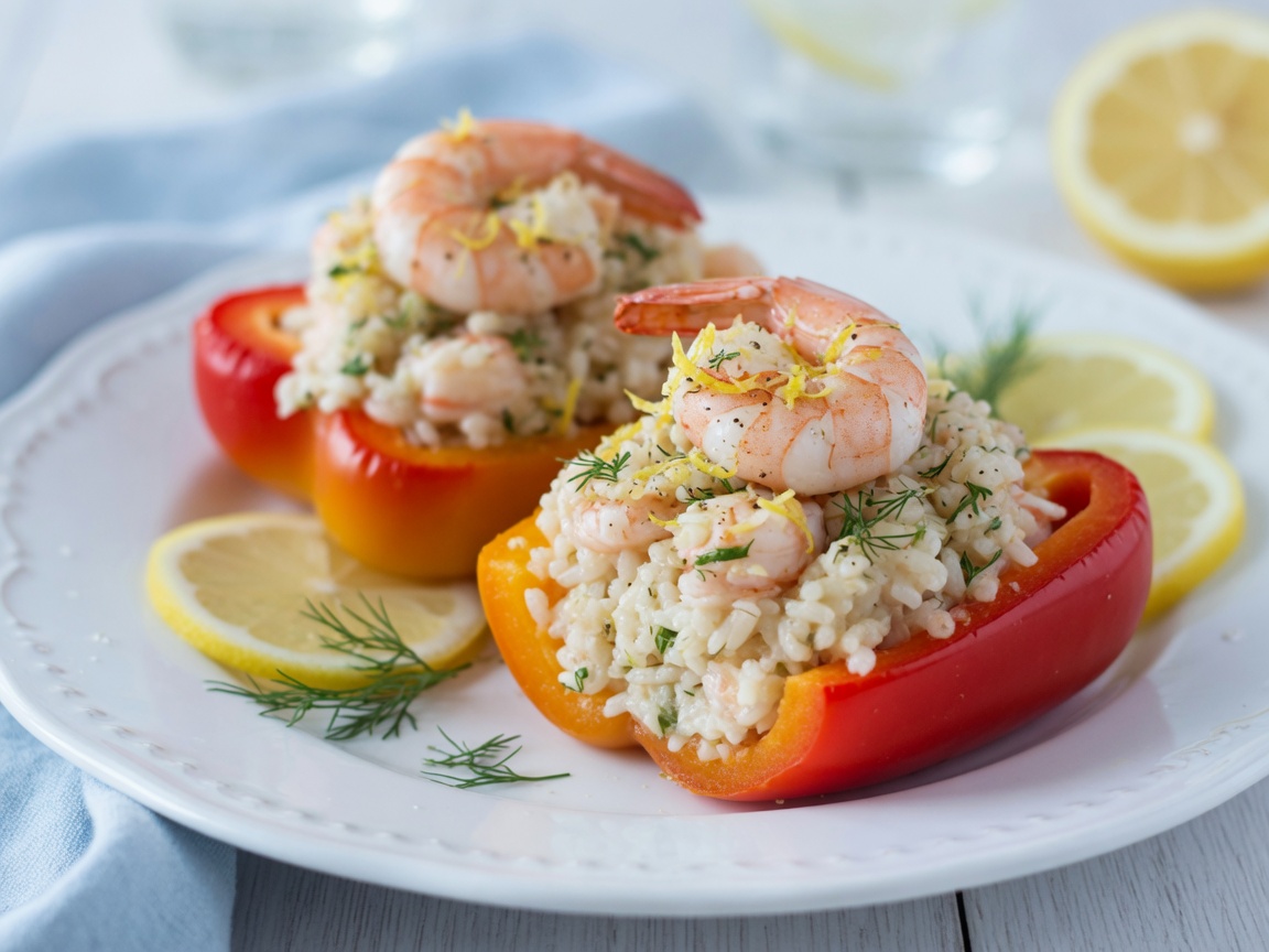 Gevulde paprika met garnalen & citroenrisotto