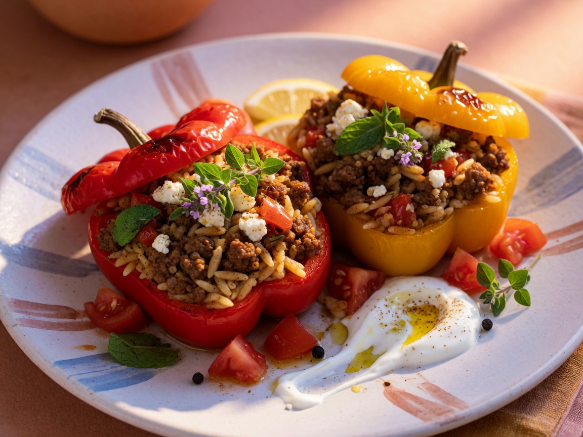 Gevulde paprika met orzo, lamsgehakt, feta en munt uit de oven