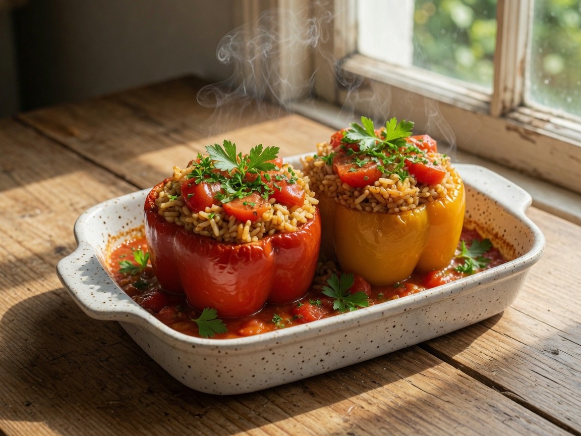 Griekse gevulde paprika met rijst, tomaat en oregano