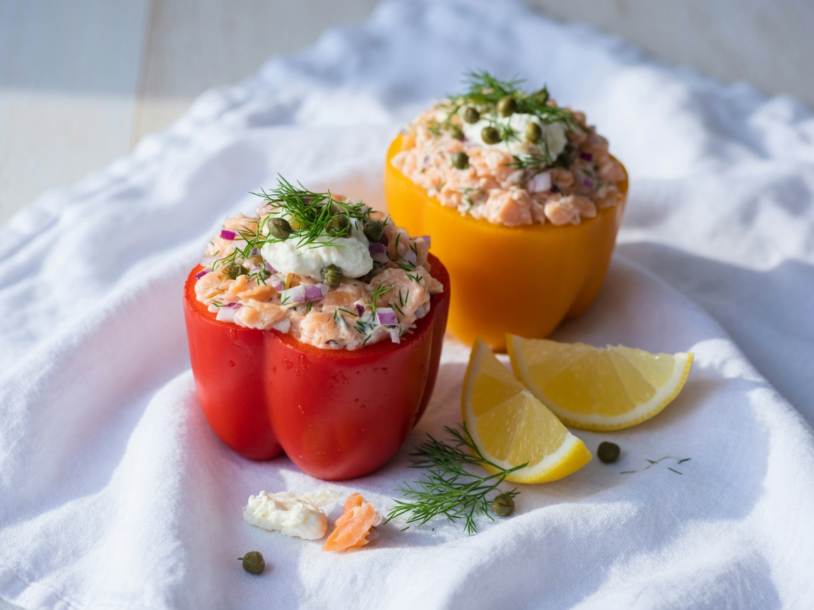 Snelle gevulde paprika met gerookte zalm, dille en roomkaas