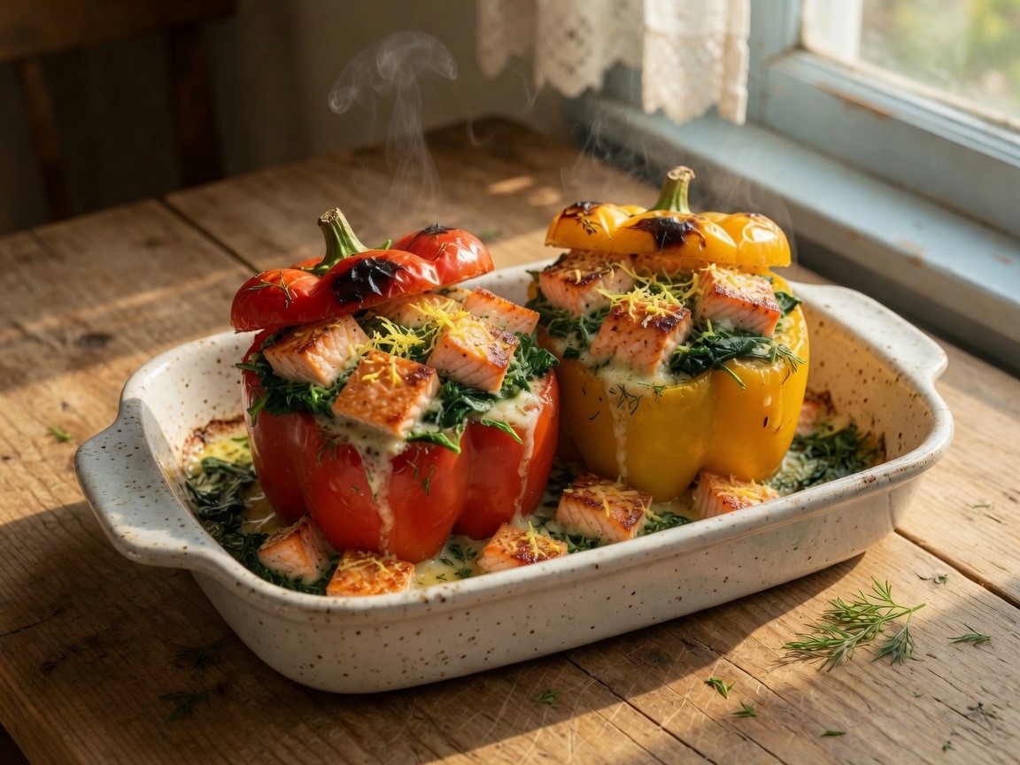 Gevulde paprika met verse zalm, spinazie en citroen
